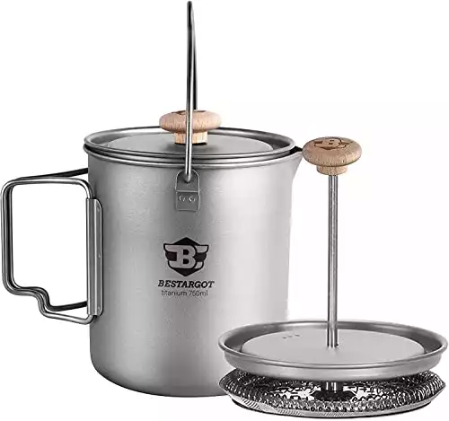 Bestargot Camping Titanium Pot, French Press Coffee Maker, Camp Cooking Pot with Light Wood Knob