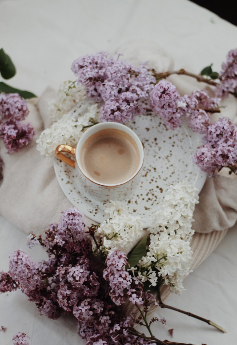 Elegant cup of coffee on saucer decorated with lilac branches