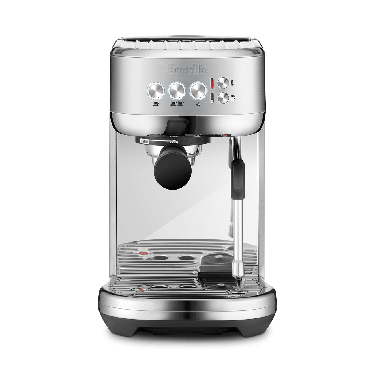 Breville Bambino Plus BES500 home espresso machine in brushed stainless steel — 7.6 inch compact footprint, ThermoJet 3-second warm-up, automatic milk-texturing wand.