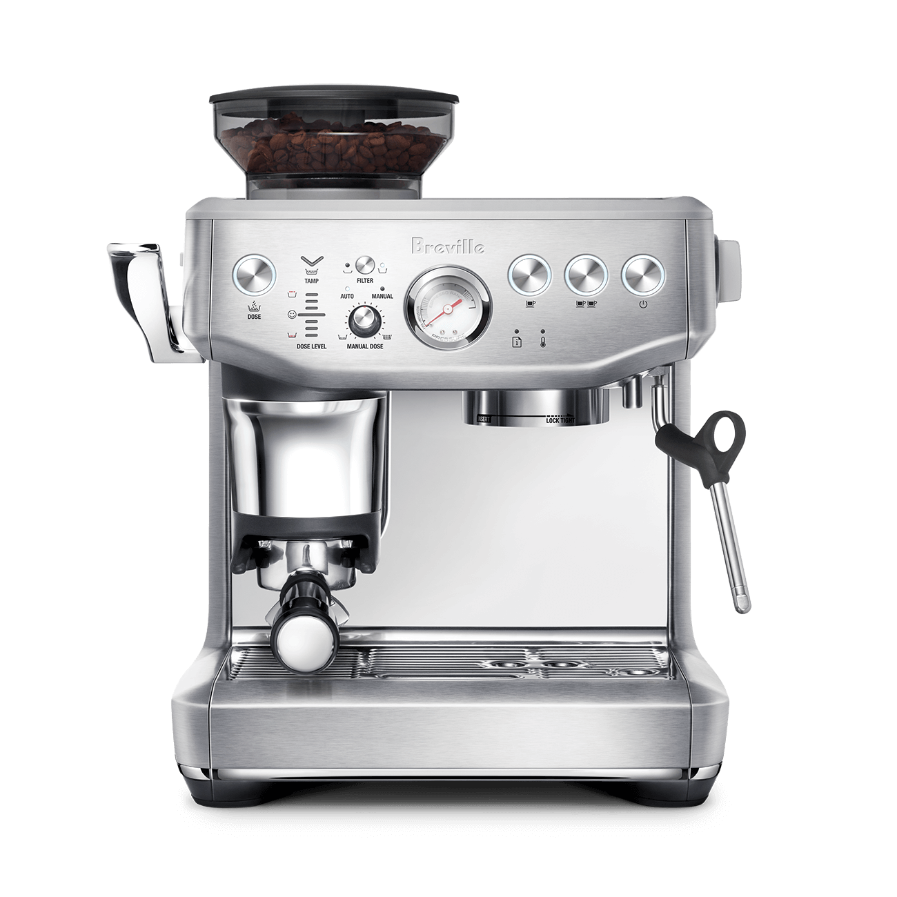 Breville Barista Express Impress espresso machine in brushed stainless steel, with built-in conical burr grinder hopper on top and single-hole steam wand.