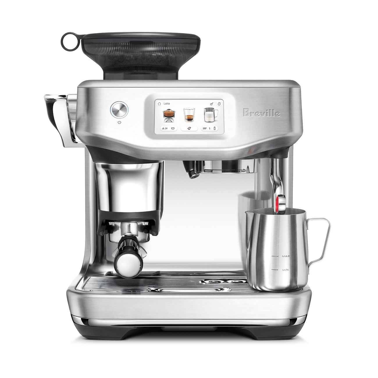 Breville Barista Touch Impress espresso machine with color touchscreen interface, integrated conical burr grinder, and Auto MilQ milk wand.