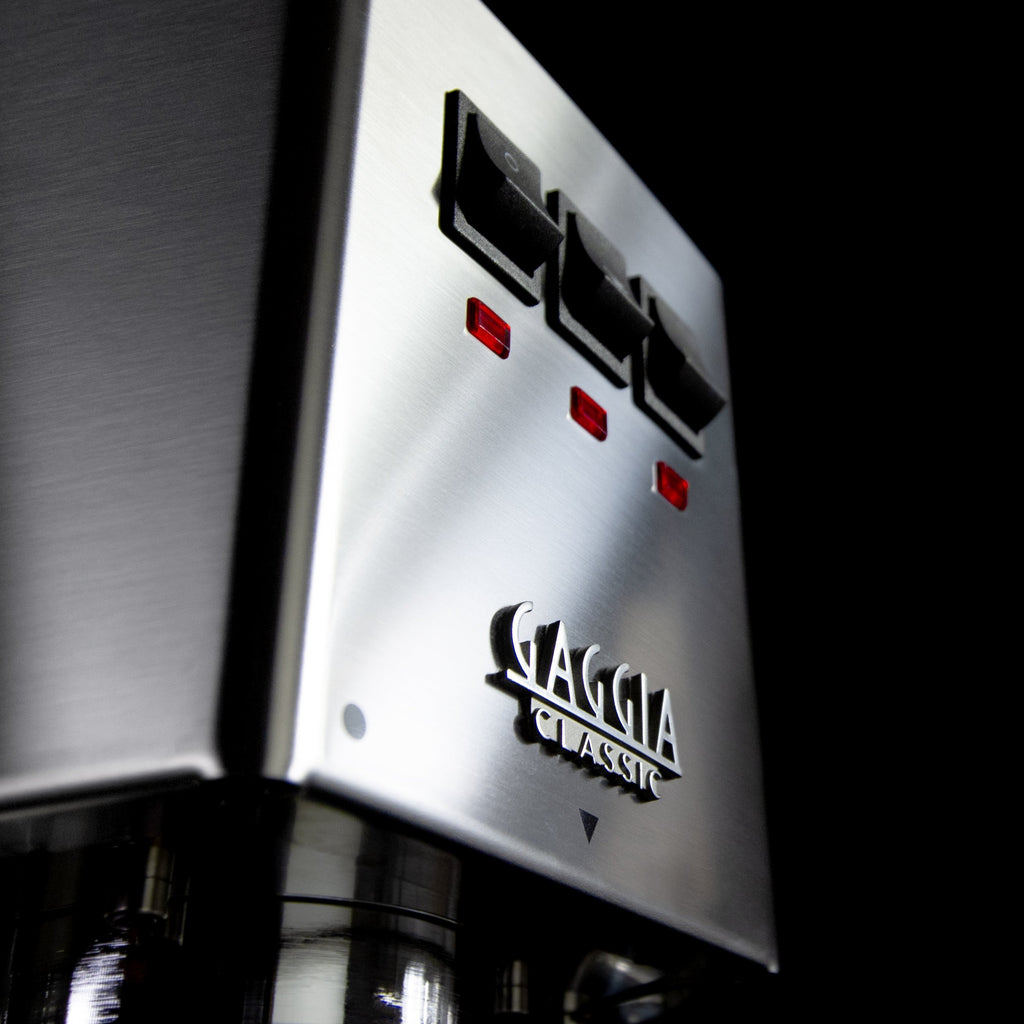 Gaggia Classic Pro semi-automatic espresso machine in stainless steel with 58mm commercial portafilter and two-hole commercial steam wand