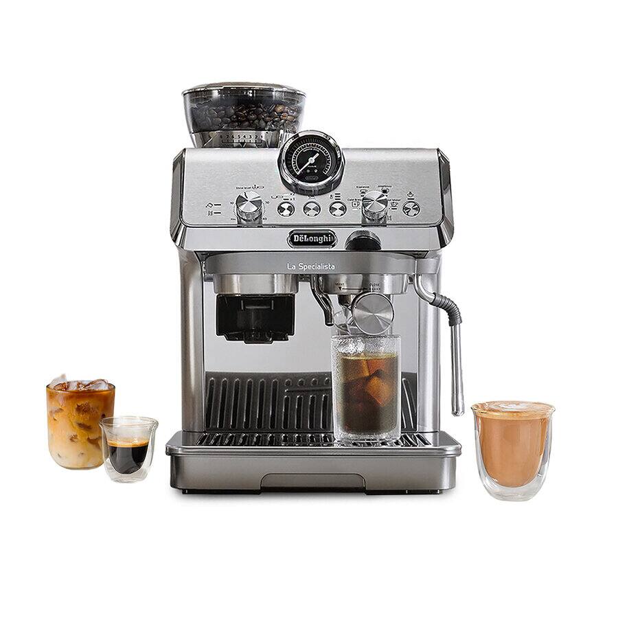 De'Longhi La Specialista Arte Evo EC9255M manual-lever espresso machine in stainless steel — integrated 8-setting conical burr grinder, commercial-style steam wand, cold-extraction mode.