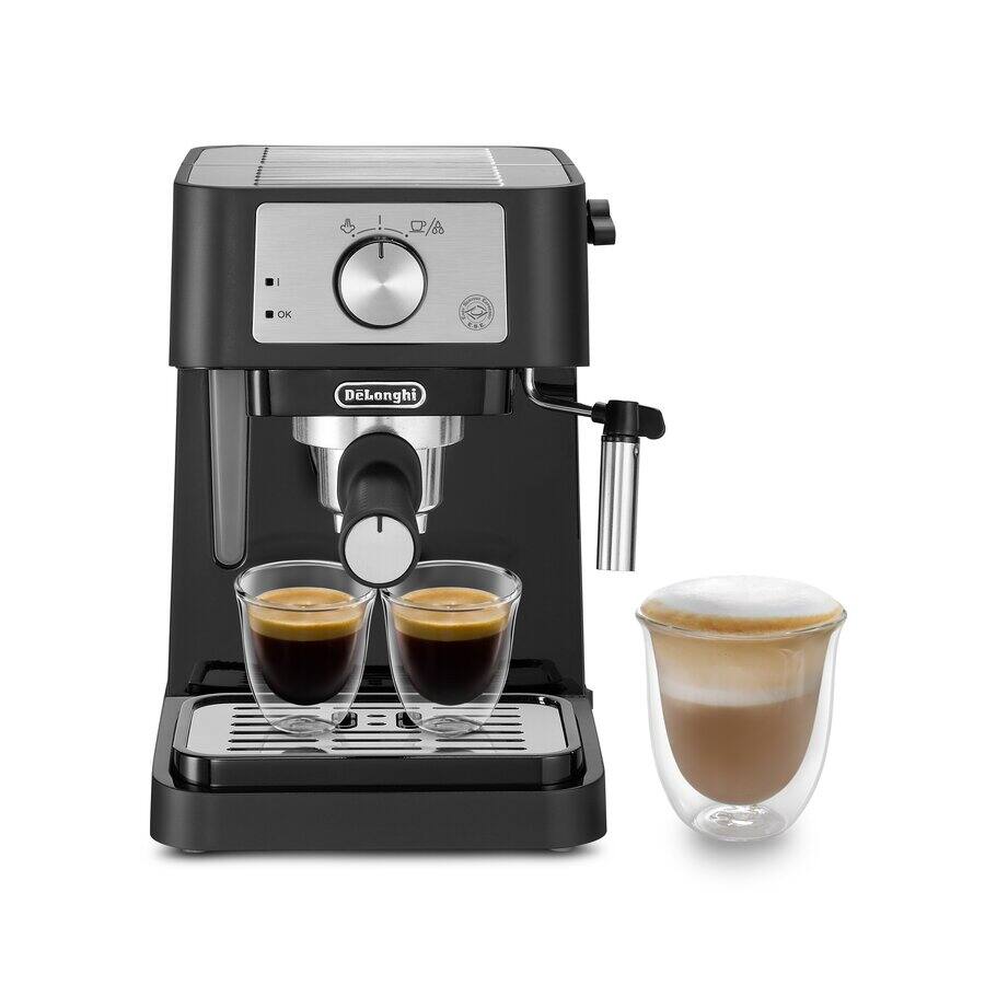 De'Longhi Stilosa EC260BK manual pump espresso machine in black and stainless — 15-bar pump, stainless steel boiler, manual steam wand, removable 35-ounce water tank.
