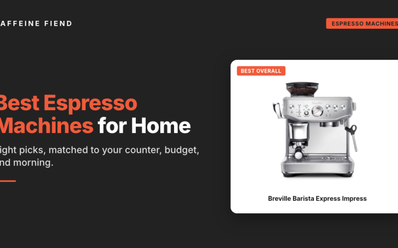 Best Espresso Machines for Home hero banner with Breville Barista Express Impress espresso machine.