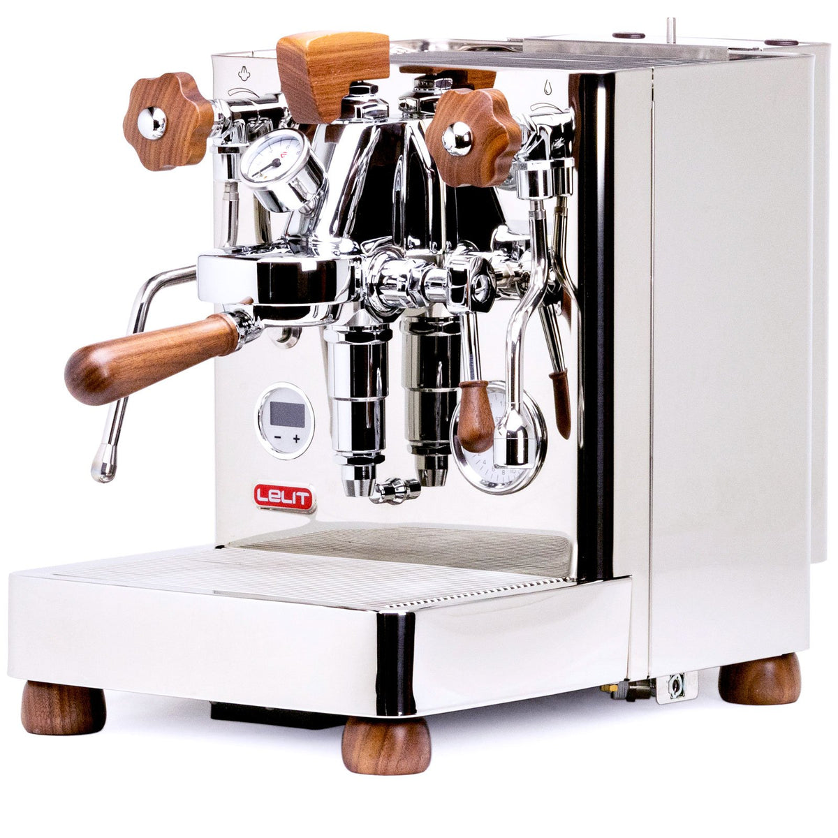 Lelit Bianca V3 prosumer dual-boiler espresso machine in stainless steel with wood accents — E61 commercial group head, flow-control paddle, rotary pump.