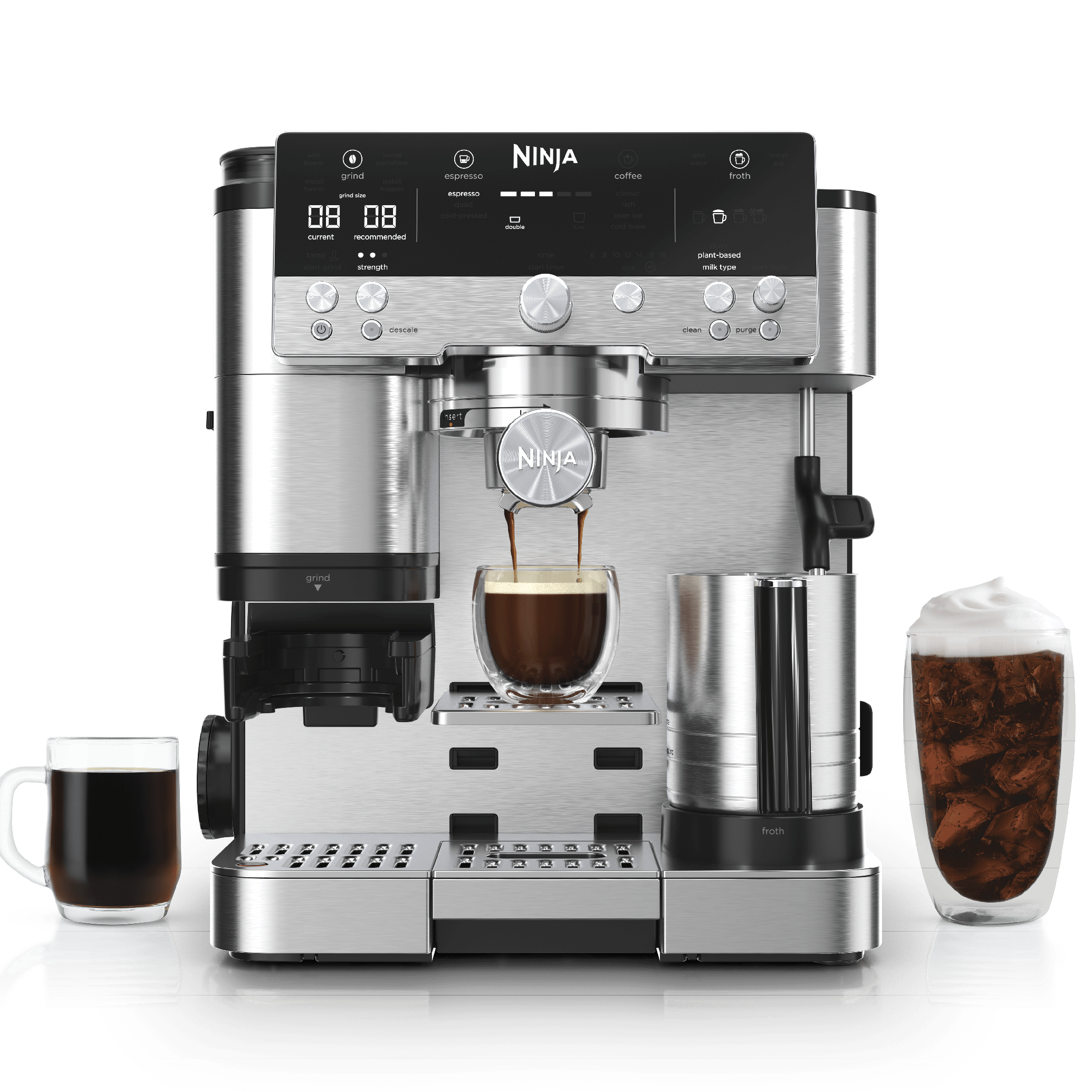 Ninja Luxe Cafe Premier 3-in-1 espresso, drip coffee, and cold brew machine with built-in conical burr grinder and automatic milk frother.