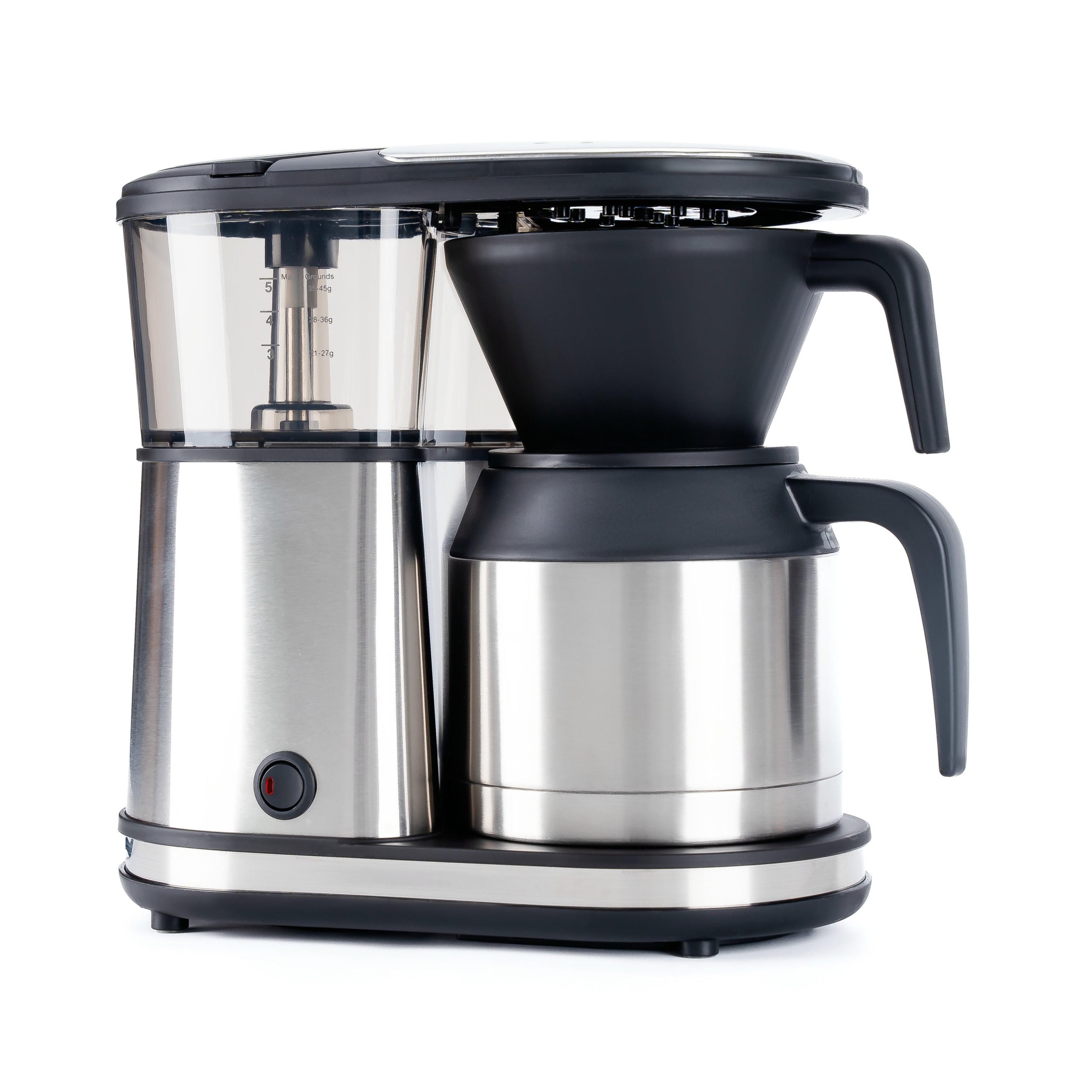 Bonavita BV1500TS 5-Cup One-Touch Thermal coffee brewer in brushed stainless steel, with a 6.2-inch compact footprint, double-wall stainless thermal carafe, 1100W SCA-certified heater holding the 195–205°F brew band, one-touch operation, and optional pre-infusion mode.