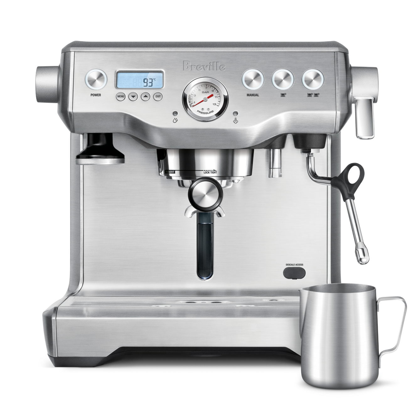 Breville Dual Boiler BES920XL home espresso machine in brushed stainless steel with dual PID stainless boilers, PID-controlled heated group head, 58 mm commercial portafilter, and a milk pitcher on the drip tray