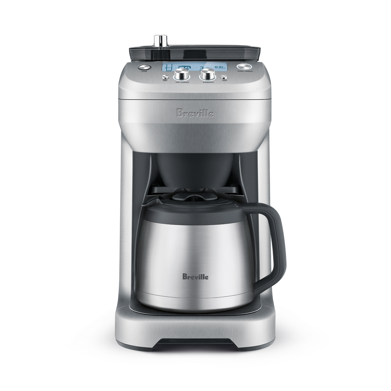 Breville Grind Control BDC650 in brushed stainless — front-facing product shot showing the top-mounted stainless steel bean hopper, LCD control panel with two dials for grind and strength, and stainless thermal carafe seated in the brew position.