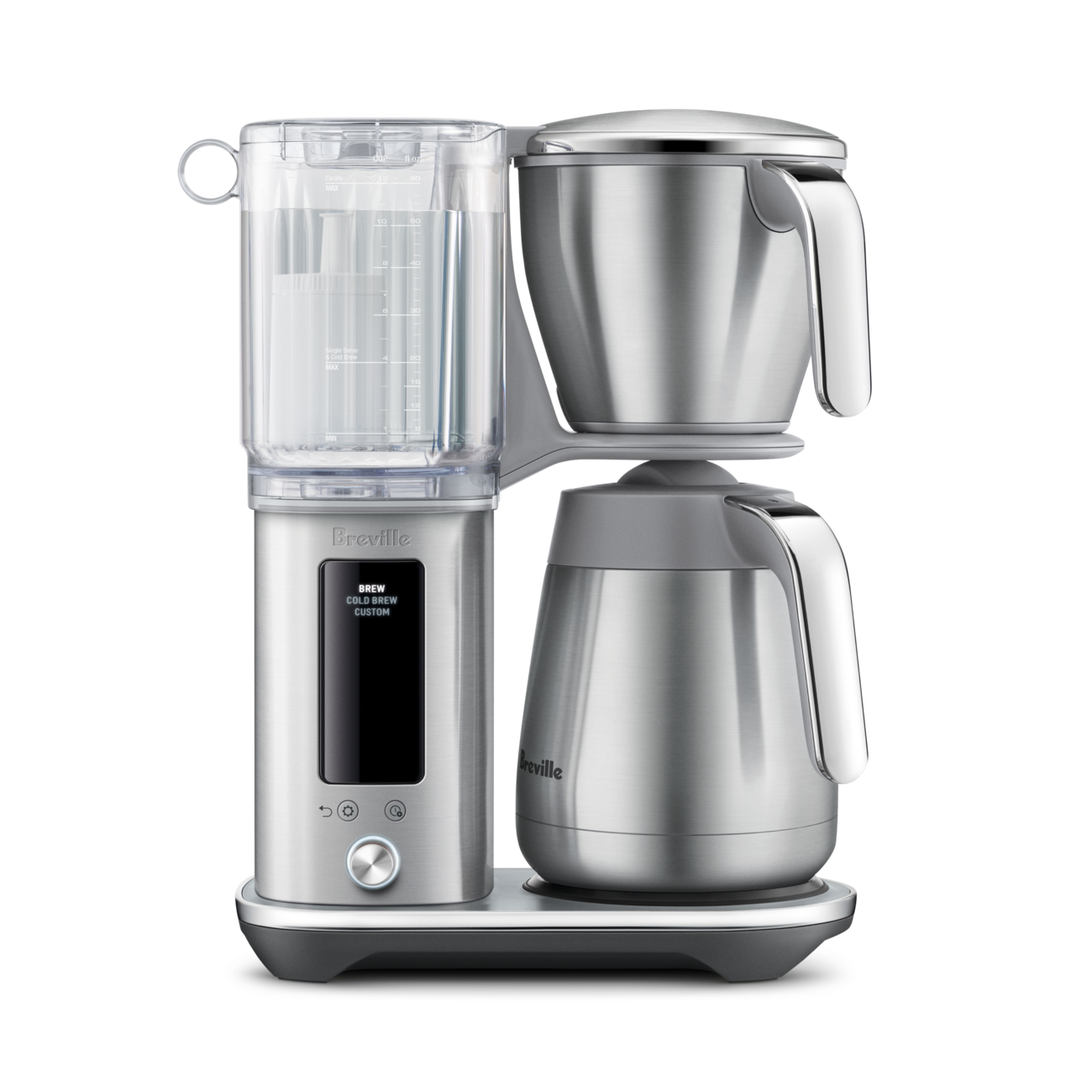 Breville Luxe Brewer BDC465 in brushed stainless. Gold Cup, Custom My Brew, Cold Brew and Iced presets on the control panel, thermal carafe on the base, removable water reservoir on the back-right.