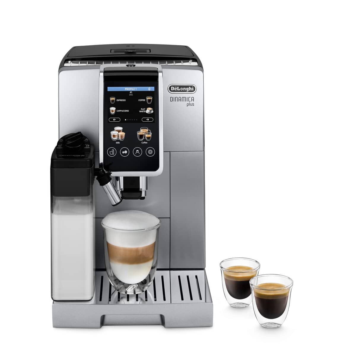 De'Longhi Dinamica Plus super-automatic espresso machine — built-in burr grinder, LatteCrema milk carafe, and a color touch display.