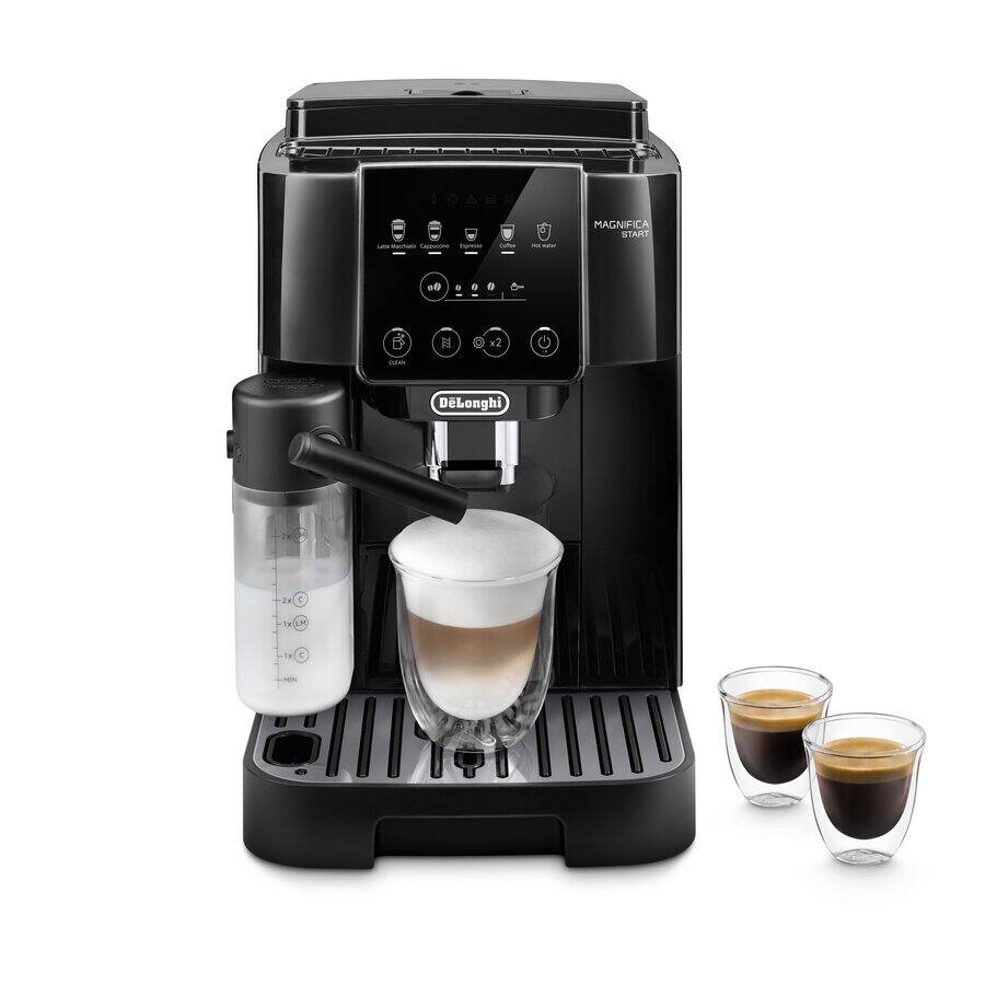 De'Longhi Magnifica Start ECAM22080B fully automatic espresso machine in black — LatteCrema Hot automatic milk carafe, 13-setting steel conical burr grinder, compact footprint, latte macchiato in a glass alongside two espresso shots.