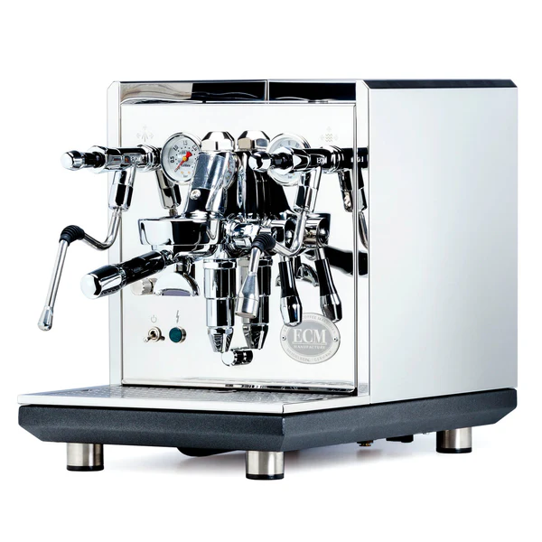 ECM Synchronika II dual boiler espresso machine in polished stainless steel, hand-built in Heidelberg, with E61 group and 3C Temp, 0.75 L brew boiler, 2.0 L steam boiler, and rotary pump with 2.8 L reservoir