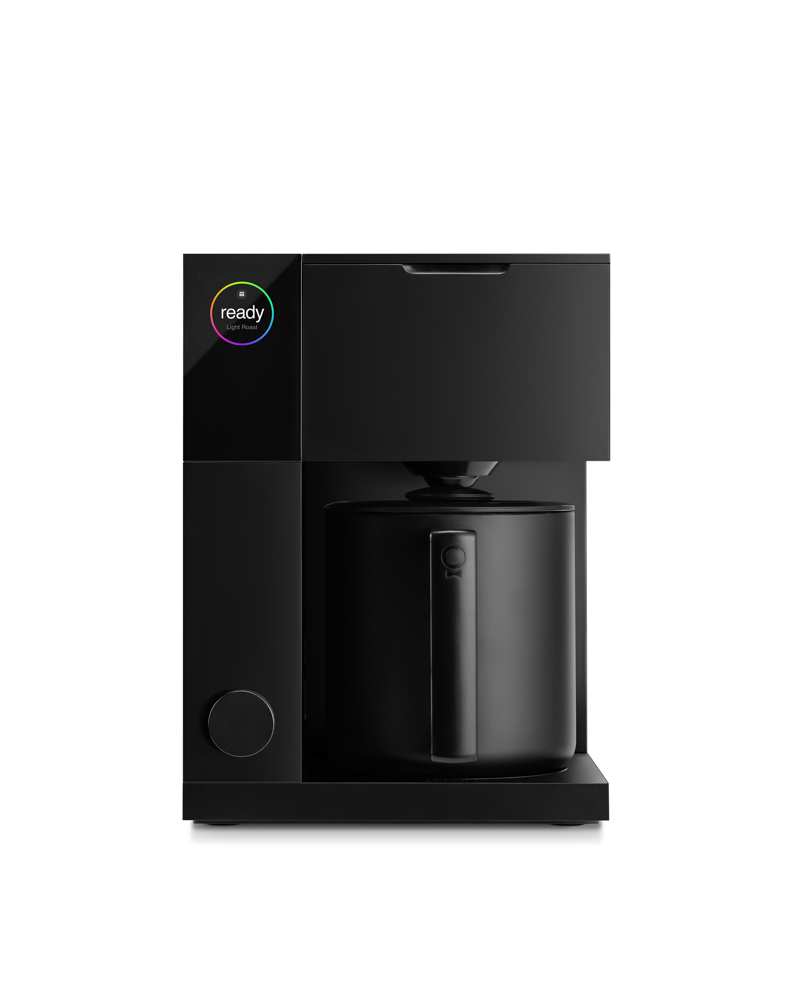 Fellow Aiden Precision Coffee Maker in matte black — round color display reading 'ready · Light Roast', black thermal carafe under the brew head, minimal single-dial UI.