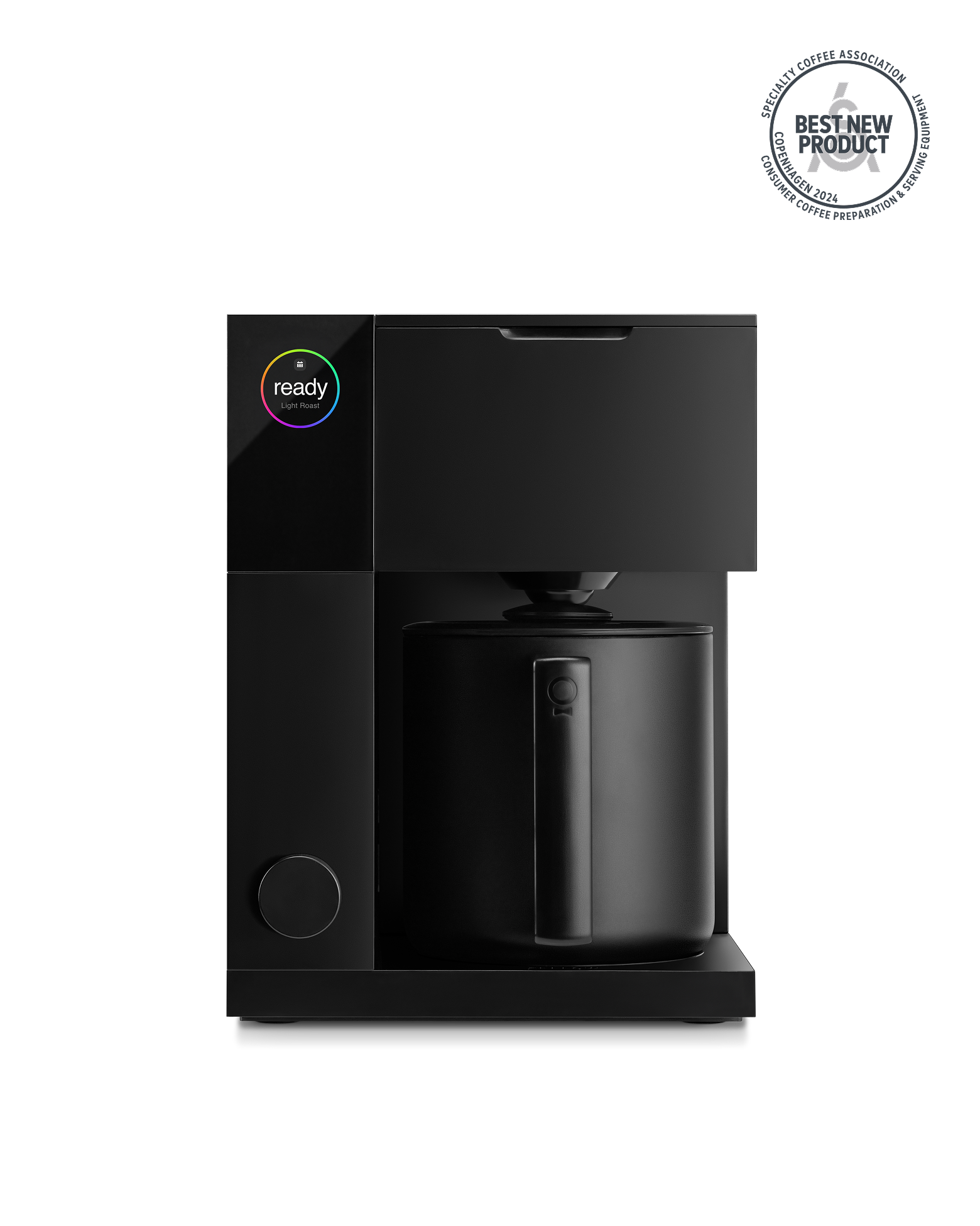 Fellow Aiden Precision drip coffee maker in matte black. PID temperature control, dual showerhead, six editable Brew Profiles for bloom, temperature, pulse count and brew ratio, 1.5 L thermal carafe on the base.