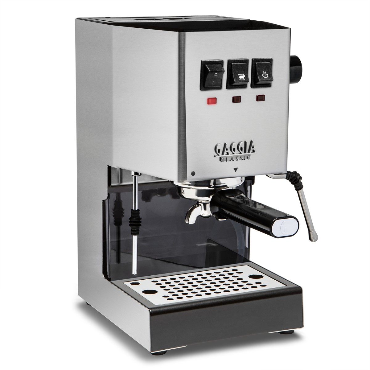 Gaggia Classic Pro E24 in brushed stainless — 58mm commercial-size portafilter and the classic three-rocker layout, the budget entry to commercial-style espresso.