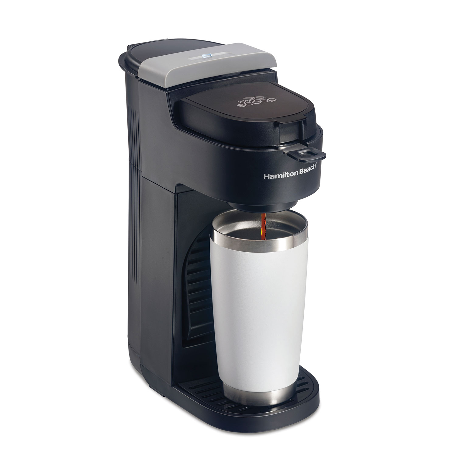 Hamilton Beach 47620 The Scoop Next Gen single-serve coffee maker in black that brews an 8-oz cup in 90 seconds and a 14-oz travel mug in 2.5 minutes, with permanent stainless mesh scoop-filter (doubles as measuring scoop, no pods or paper), adjustable drip tray for 7-inch travel mugs, and Regular and Bold strength selector.