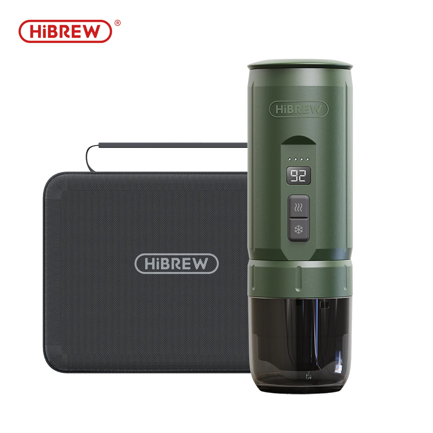 HiBREW H4C portable electric self-heating espresso maker in olive green with matching hard-shell carrying case — visible temperature display, heat and cool mode buttons, detachable 18650 battery (the differentiator vs. the Outin Nano's fixed battery), USB-C charging.
