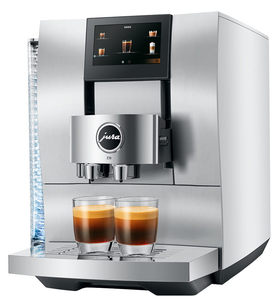 Jura Z10 NAA 15361 fully automatic espresso machine in aluminium white — 4.3-inch touch display showing hot and cold drink specialties, Product Recognizing Grinder, two espresso pours in glasses on the drip tray.