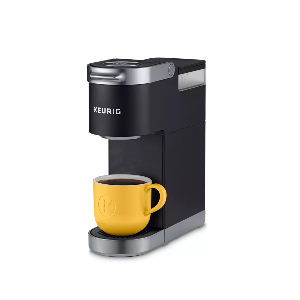 Keurig K-Mini Plus single-serve K-Cup coffee maker in matte black with a 4.5-inch wide footprint (Keurig's slimmest brewer), 6 to 12 oz brew size, single-cup fresh-water reservoir, built-in 9-pod on-machine storage, UL-listed with auto-shutoff, and travel-mug clearance.