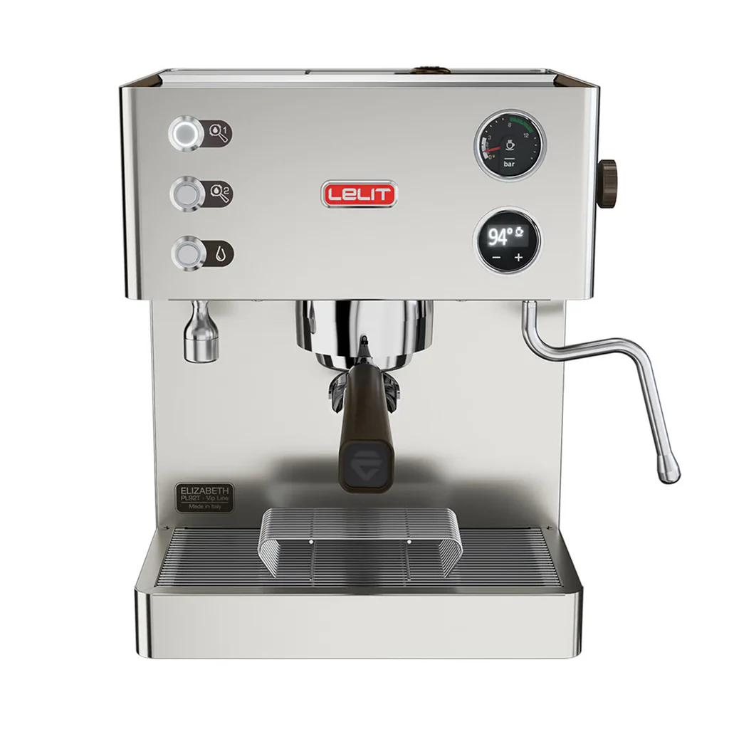 Lelit Elizabeth V3 PL92T3 home espresso machine in polished stainless steel with 300 ml brass brew boiler, 600 ml stainless steam boiler, LELIT58 commercial 58 mm group, OLED display and Pagaia paddle
