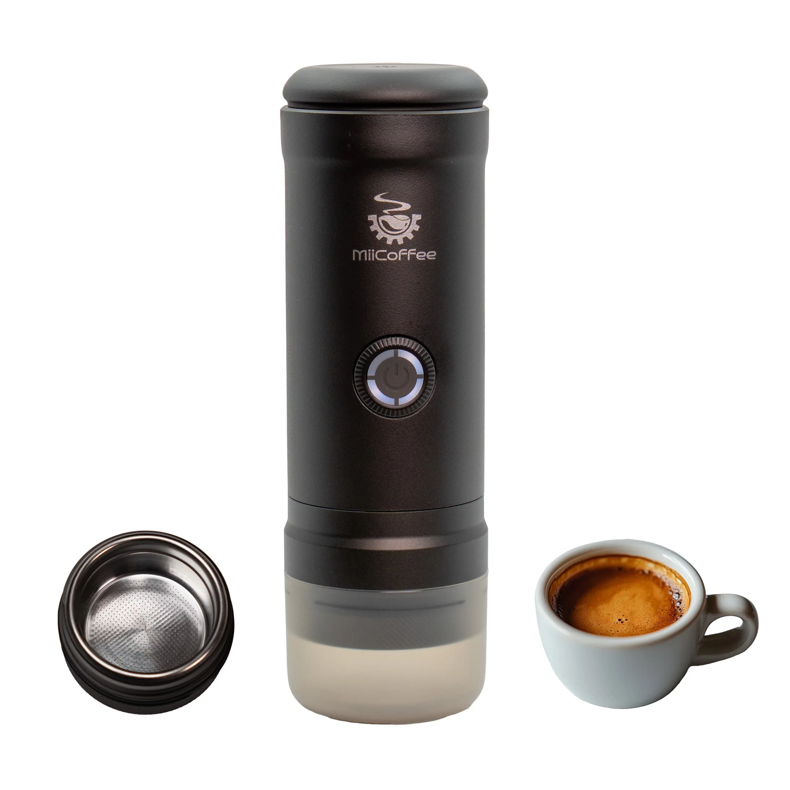 MiiCoffee Eon portable electric self-heating espresso maker in matte dark grey — 730g, 80ml water capacity (larger than the Outin Nano's 50ml), self-heats room-temperature water to about 92°C in 1–2 minutes, built-in pre-infusion, pressurized dual-wall basket shown alongside a finished espresso shot with dense crema.