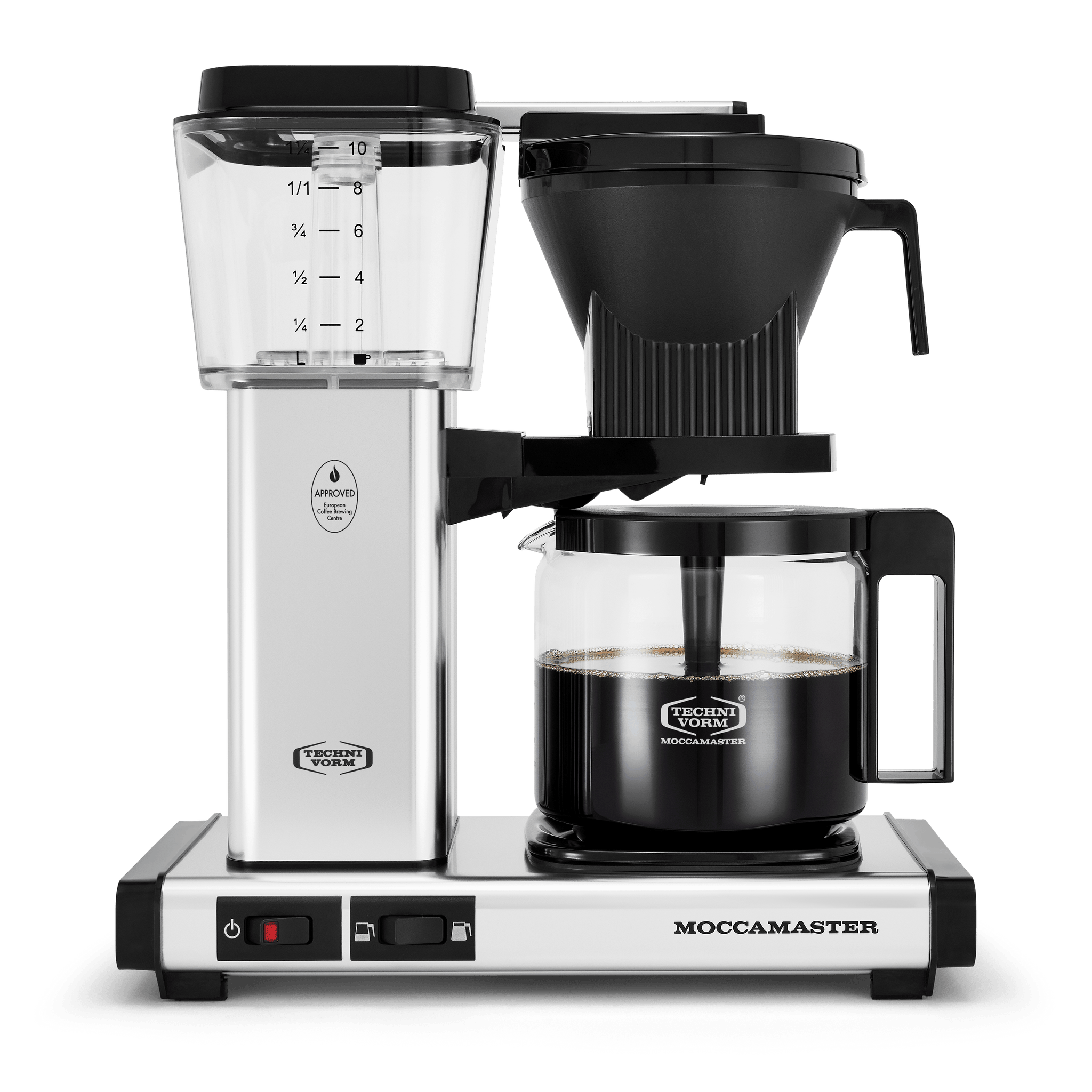 Technivorm Moccamaster KBGV Select model 53941 drip coffee maker in polished silver. Copper heating element, glass carafe on hotplate, half/full-carafe selector switch on the brew basket.
