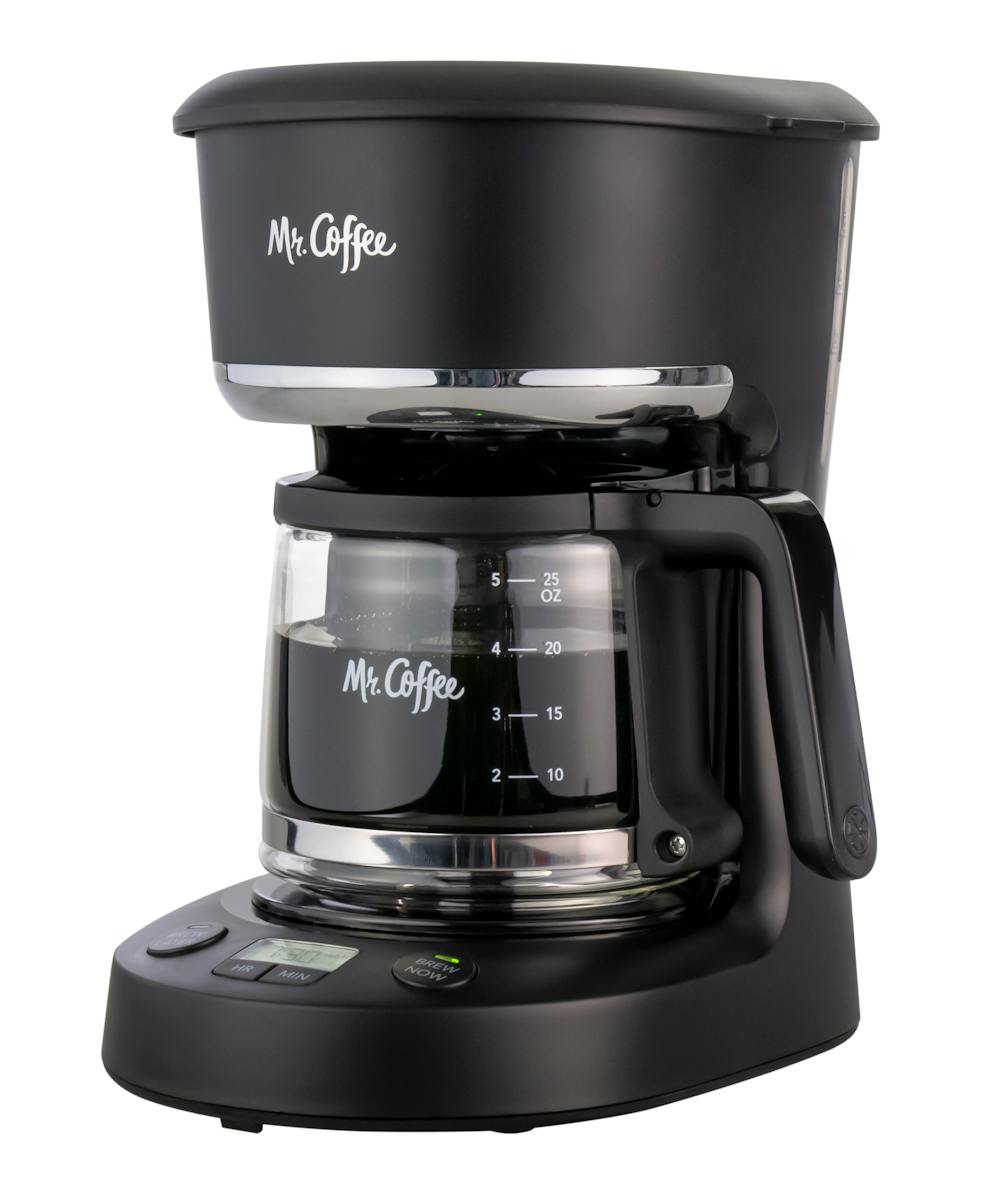 Mr. Coffee 5-Cup Programmable Mini Brew coffee maker in matte black, with a 6.4-inch compact footprint, programmable Brew Later timer, reusable nylon filter included (also accepts #1 paper), Grab-a-Cup Auto Pause, water filtration disk, glass carafe with hotplate, and 2-hour auto shutoff.