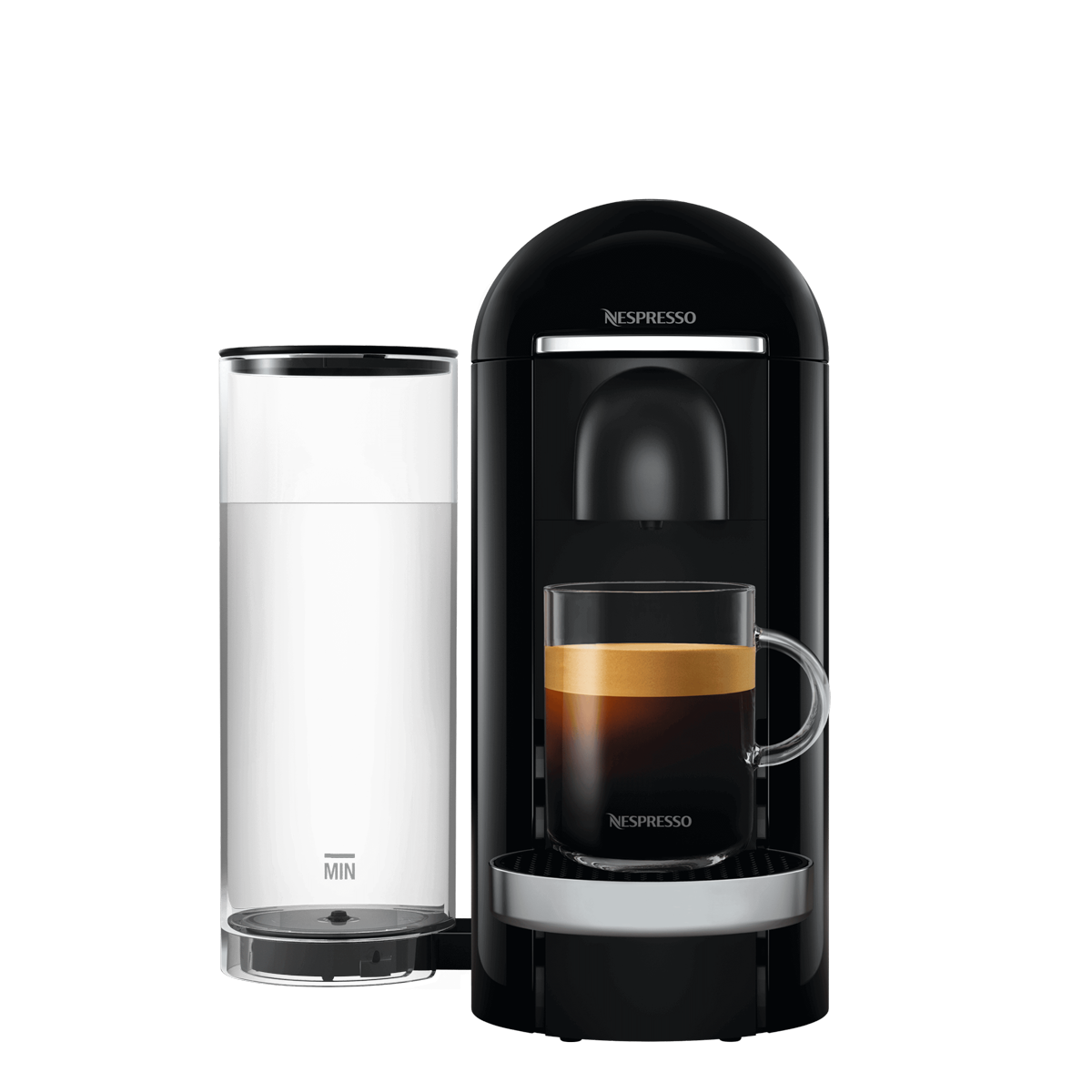 Nespresso VertuoPlus Deluxe by De'Longhi in piano black. Vertuo Centrifusion pod machine with 40 oz removable water tank on the back, one-touch cup-size button on top, espresso pouring into a small glass on the drip tray.