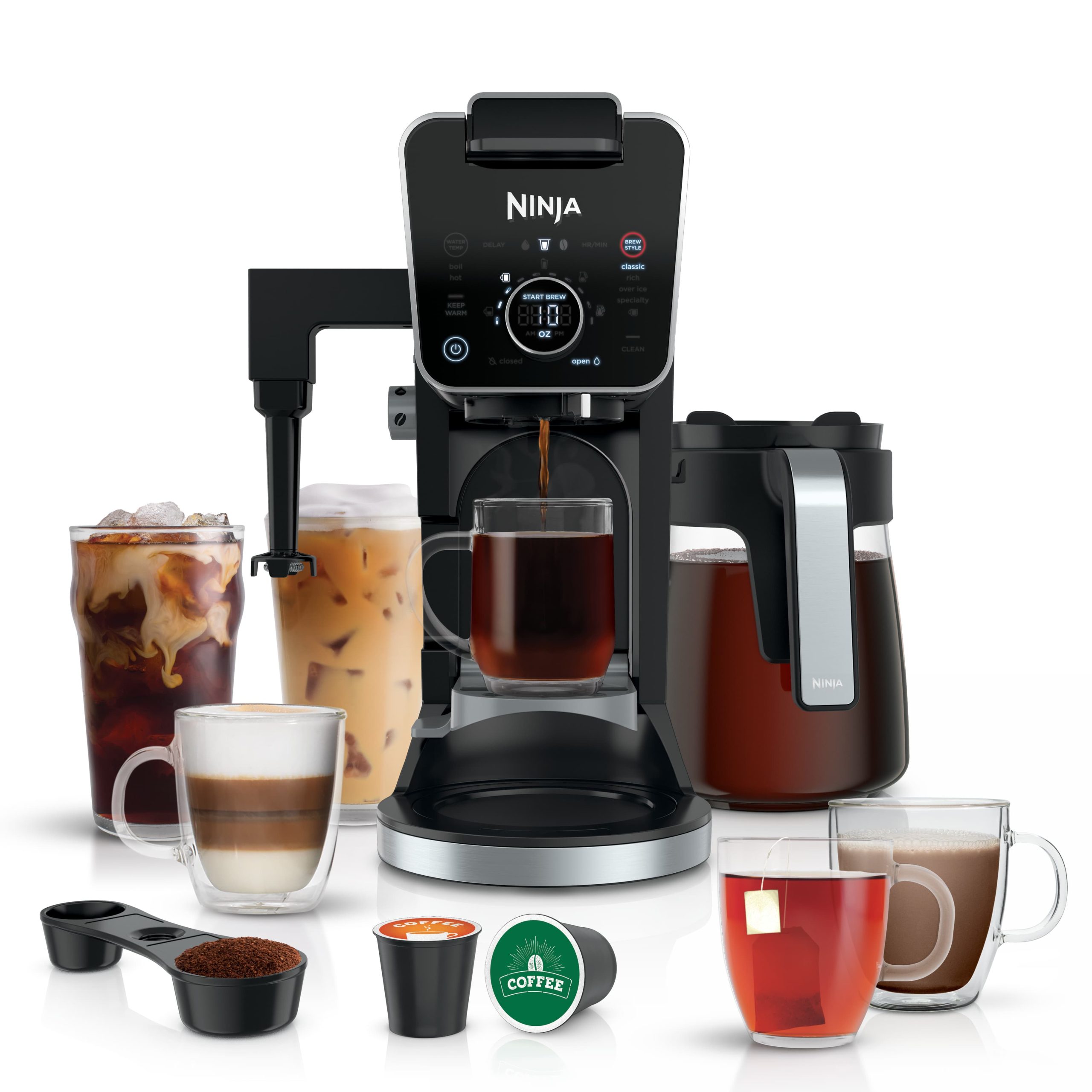 Ninja DualBrew Pro CFP301 dual coffee system in black and stainless. K-Cup pod chamber on the left with grounds basket on the right, 12-cup glass carafe on the hotplate, 60 oz water reservoir, fold-away frother.