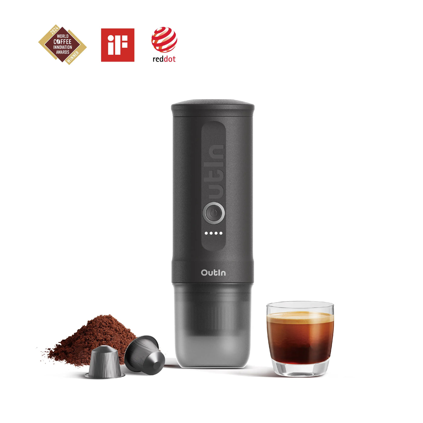 Outin Nano portable electric self-heating espresso machine in space grey — 670g, USB-C rechargeable, 20-bar pump, heats 50ml room-temperature water to about 198°F in three minutes off a rechargeable battery, compatible with ground coffee and Nespresso Original capsules.