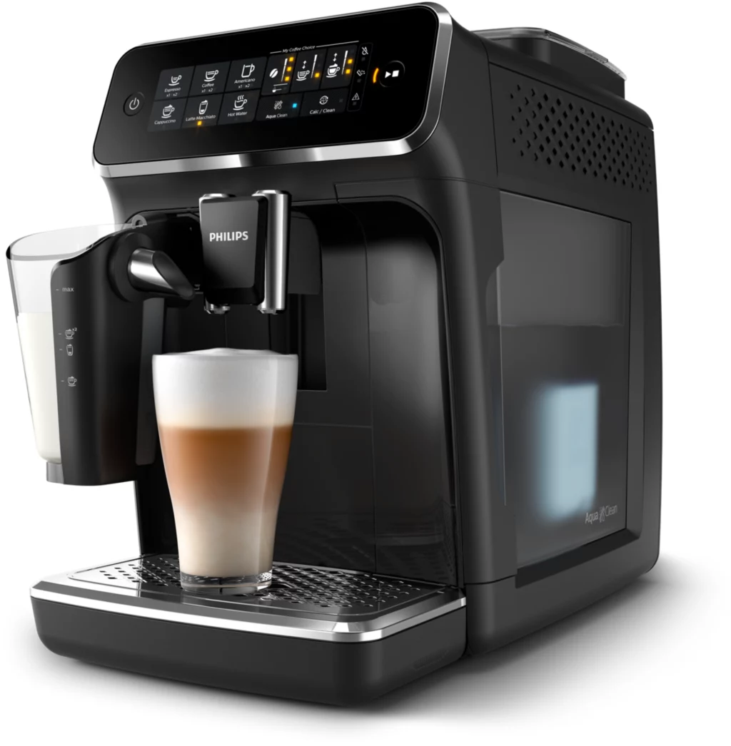 Philips 3200 LatteGo EP3241 super-automatic espresso machine in black — 12-step ceramic flat burr grinder, two-part LatteGo milk carafe with no tubes attached at the left, cappuccino brewing into a tall latte macchiato glass.