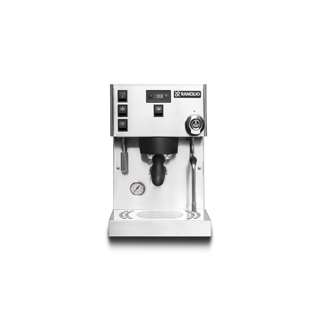 Rancilio Silvia Pro X dual-boiler espresso machine in black — 58mm commercial-heritage group, PID control on both boilers, the home machine built by Rancilio's commercial division.