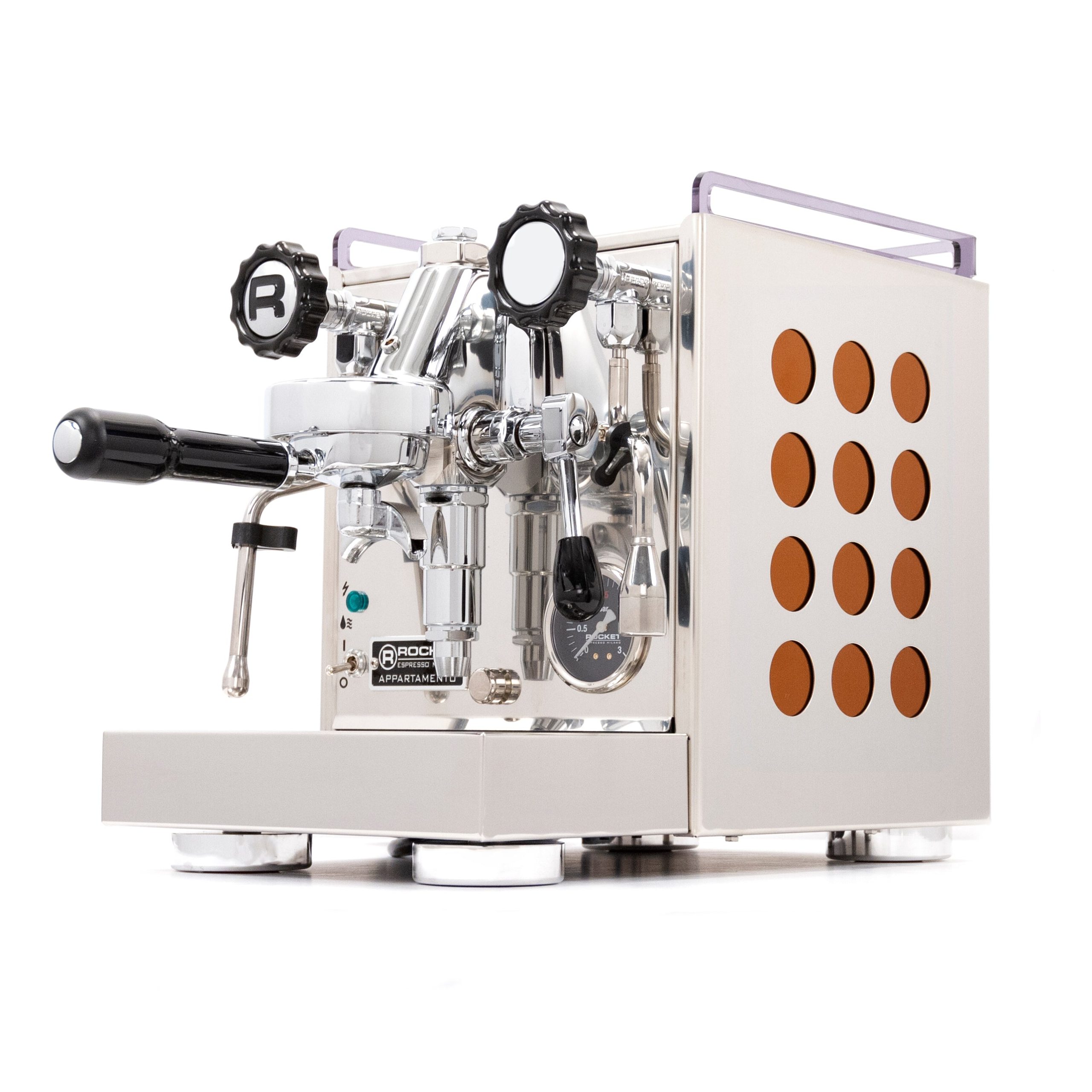 Rocket Appartamento heat-exchanger espresso machine in white with copper accent panels — E61 commercial group and a 1.8L copper boiler, made in Milan.