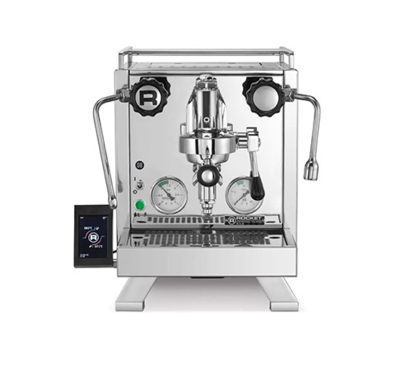 Rocket R58 Cinquantotto dual boiler espresso machine in polished stainless steel, hand-built in Milan, with 0.58 L brew boiler, 1.8 L steam boiler, E61 group, and rotary pump