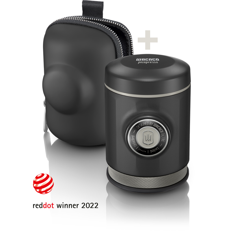 Wacaco Picopresso portable hand-pump espresso maker in matte black with included protective case — 52mm commercial-spec basket, naked bottomless portafilter, 350g total weight, no electricity required.