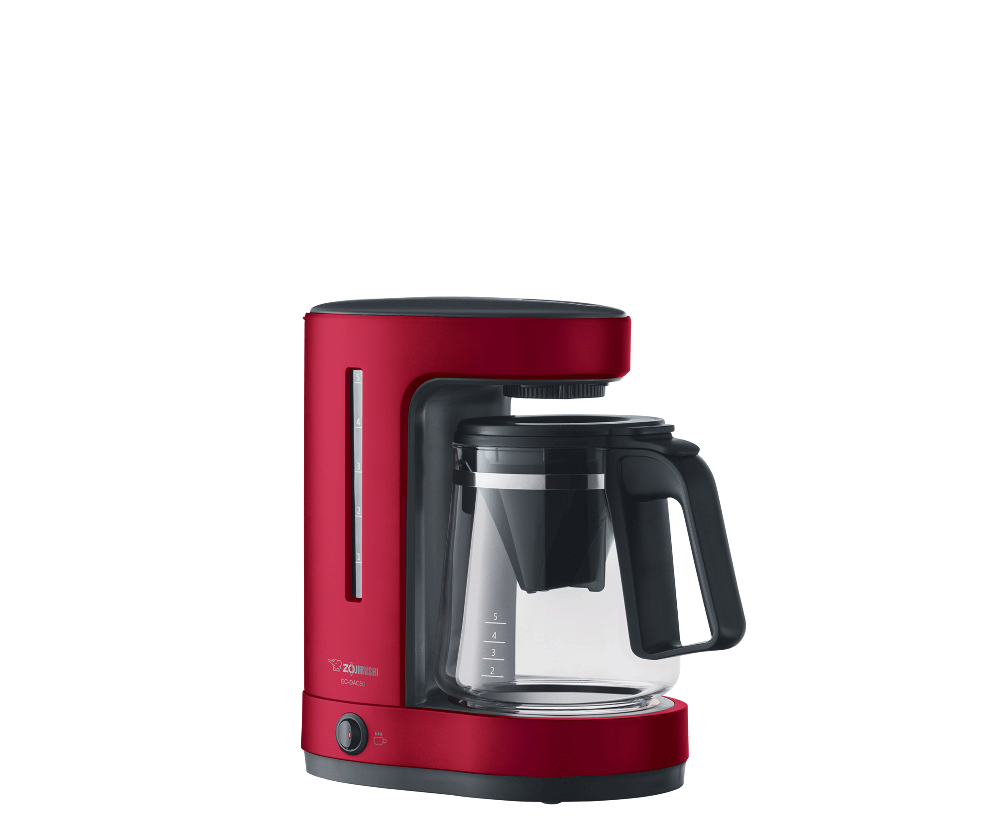 Zojirushi Zutto EC-DAC50 5-cup drip coffee maker in matte red, with a 5.875-inch narrow footprint, 650W low power draw for RV inverters, removable water tank, built-in charcoal water filter, glass carafe with hotplate, and PFAS-free and BPA-free food-contact surfaces.